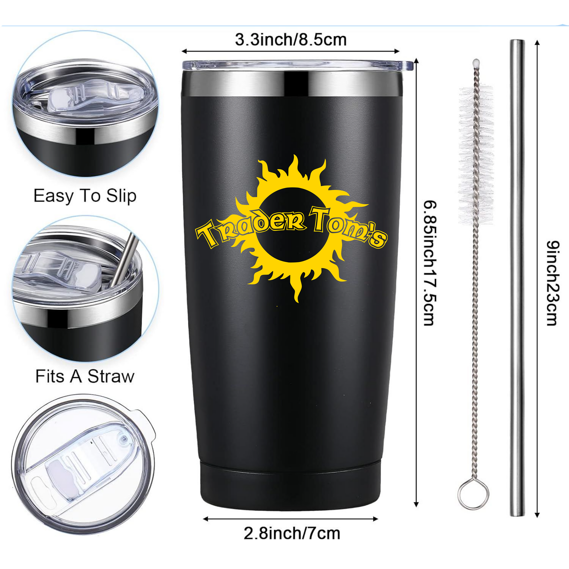 48 Custom 20oz Insulated Black Mug Cup Tumbler with Steel Straw/Brush